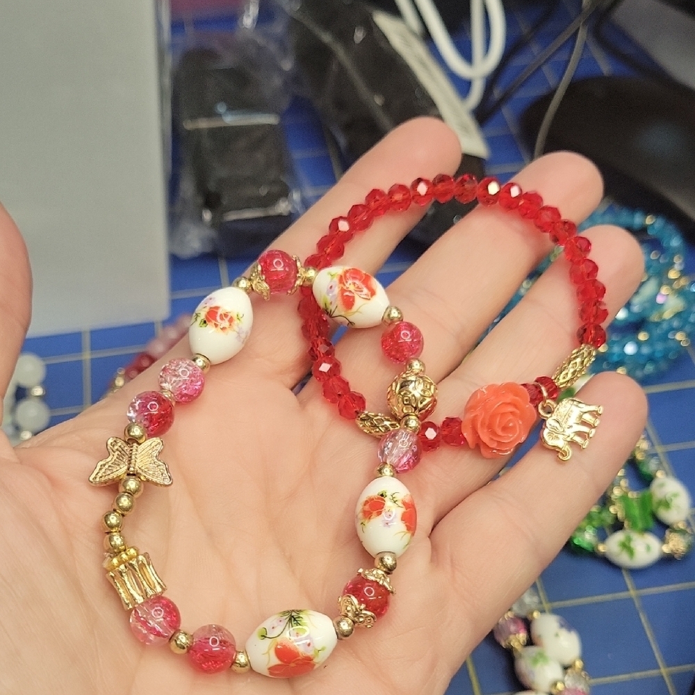 Floral Butterfly Elephant Bead 7" & 8" Bracelet Red Accents Set of 2